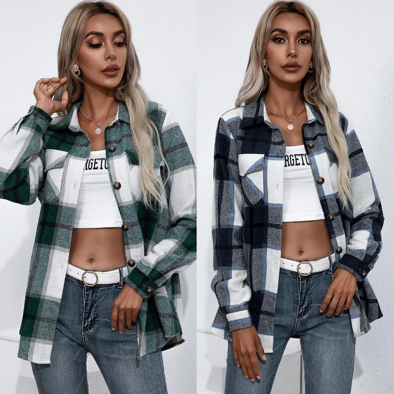

Women' Jackets 2022 Autumn Casual Plaid Women Coats Buttons Pockets Female Streetwear Ladies Spring Loose Jaqueta Fashion Outwear C2897, Green