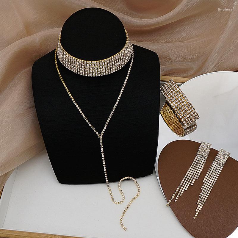 

Necklace Earrings Set 3pcs/set Rhinestone Tassel Choker Crystal Dangling Earring Fringe Bracelet Girls Jewelry Gift, Picture shown