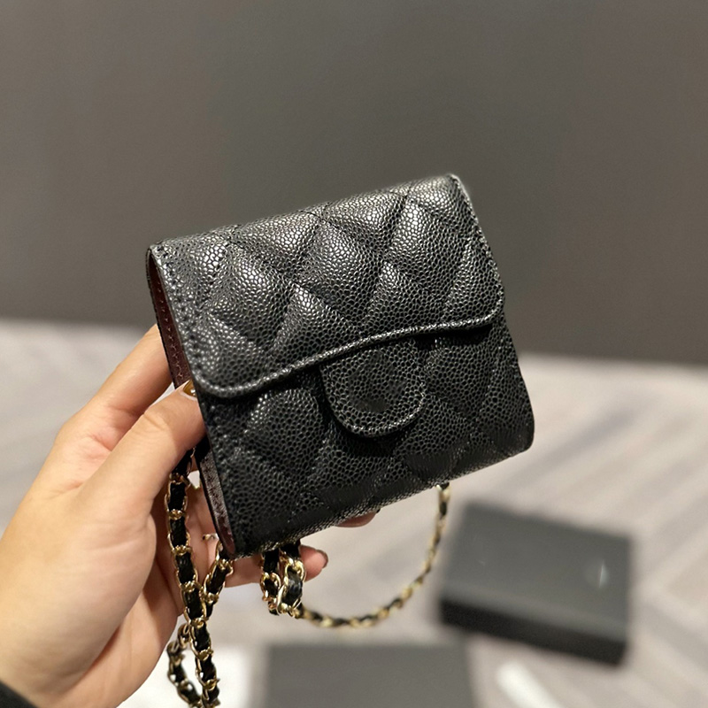 

Womens Classic Mini Trifold Wallet Bags Crad Holder Caviar Leather Calfskin/Lambskin With Gold metal Chain Crossbody Shoulder Purse Designer Handbags 11.5X10.5CM, Box