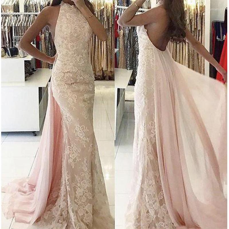

Party Dresses Lace Mermaid Prom 2022 Halter Sleeveless Backless Floor Length Formal Evening Gowns With Pink Chiffon Overskirt, Sky blue
