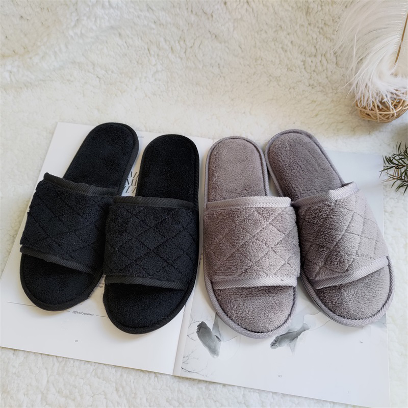 

New cotton-wool hotel autumn winter slippers wood floor quiet women's simple style home flat slippers, Grey