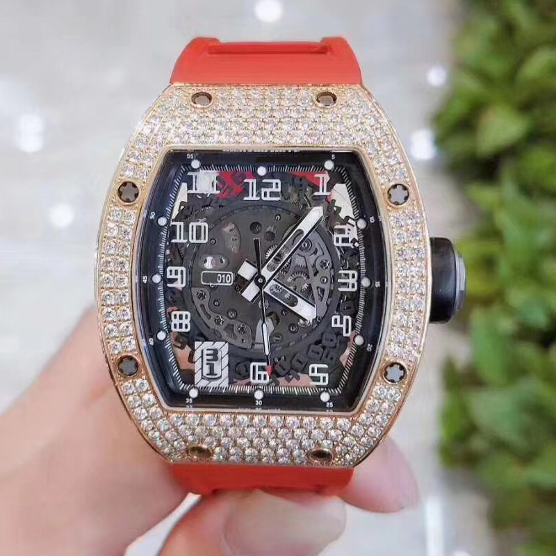

Rose gold Diamonds watch mens skeleton Watches rm010 Red rubber strap ETA automatic self-winding iced out wristwatch all function works, 03