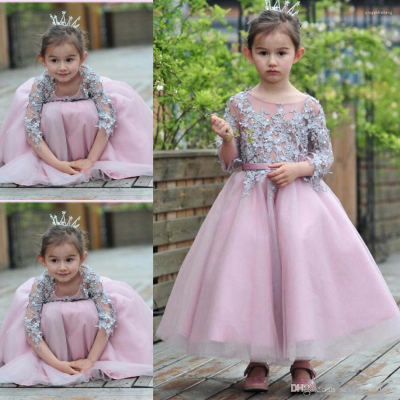 

Girl Dresses Cute First Communion Applique Flower Three Quarter Sleeve O-neck A-line Girls Pageant Gowns For Wedding Che, Black