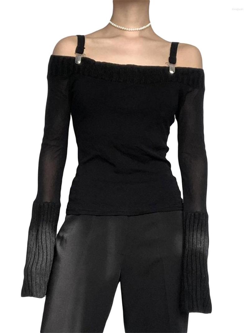 

Women' T Shirts 2000s Aesthetic Tops Women Fairy Grunge Clothes Off Shoulder Long Sleeve Shirt Y2k Streetwear, Black