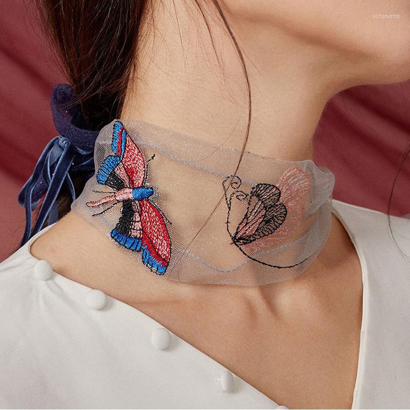 

Scarves Summer Thin Embroidered Butterfly Narrow Long Silk Scarf Fashion Korean Transparent Mesh Hair Band Soft Women's Fake Collar B46
