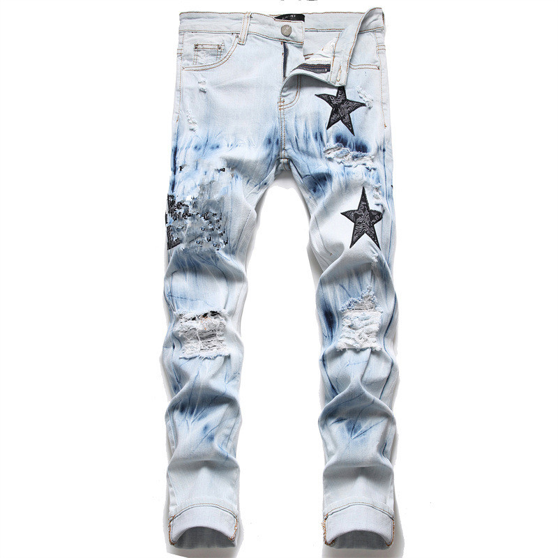 

Men's Jeans European Mid waisted Jean Hombre Letter Star Men Embroidery Patchwork Ripped For Trend Brand Motorcycle Pant Mens Skinny