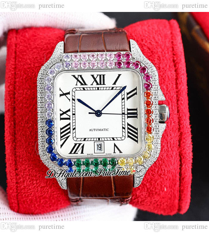 

TWF TWWSSA0009 M8215 Paved Diamonds Automatic Mens Watch 40mm Miyota Fully Iced Out Colors Diamond Bezel White Roman Dial Brown Leather Super Edition Puretime A1