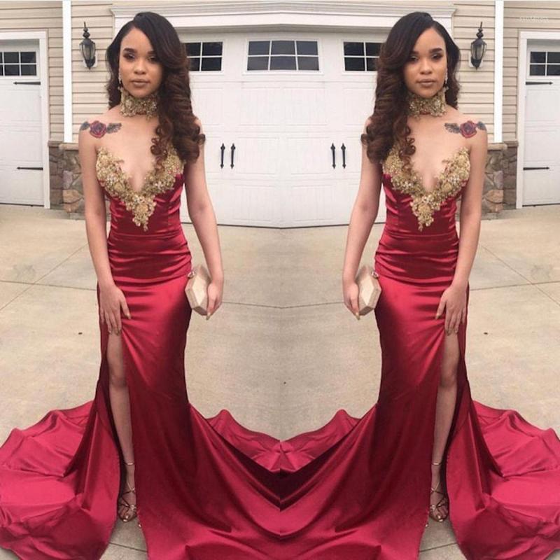 

Party Dresses Burgundy Prom 2022 Long High Neck Gold Appliques Side Split Sweep Train Graduation Evening Gowns Plus Size CP661, Red