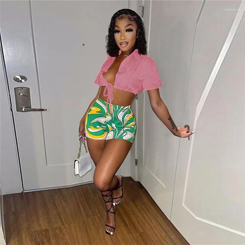 

Women' Tracksuits Fashion Collar Short Sleeve Lace-up Shirt And High Waist Printed Shorts Summer Beach Resort Bohemia Sexy Women Suit, Green