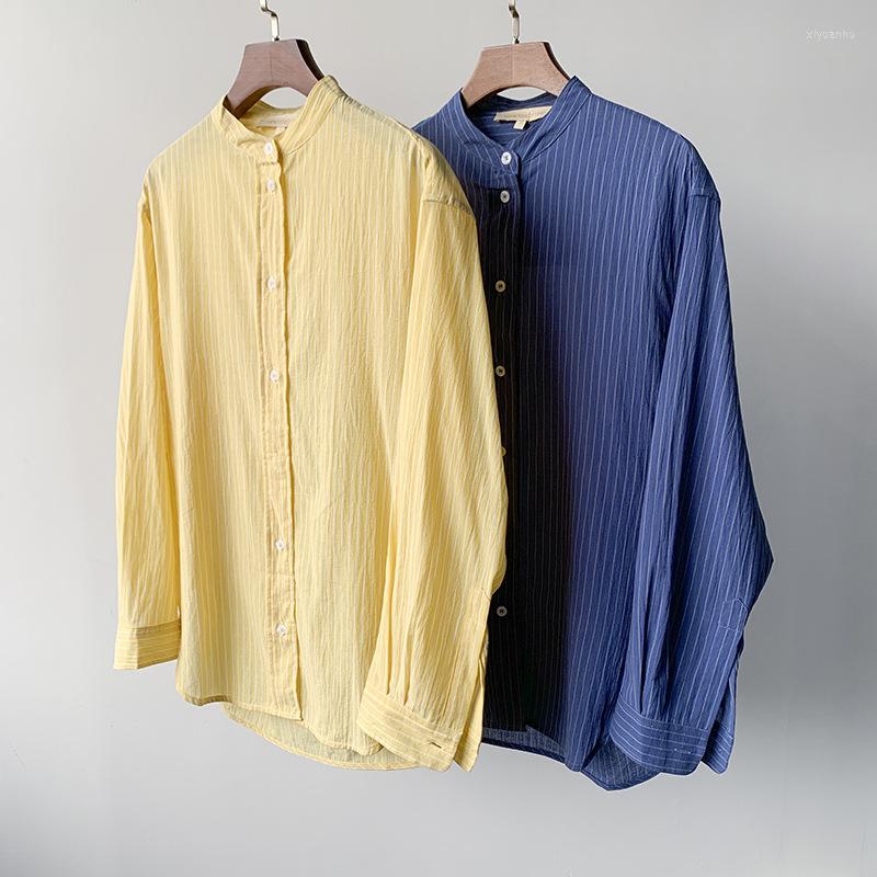 

Women's Blouses French Stripe O-Neck Long Sleeve Shirt 2022 Early Autumn Women's Commuter Loose Single Breasted Blouse All-Match, Blue