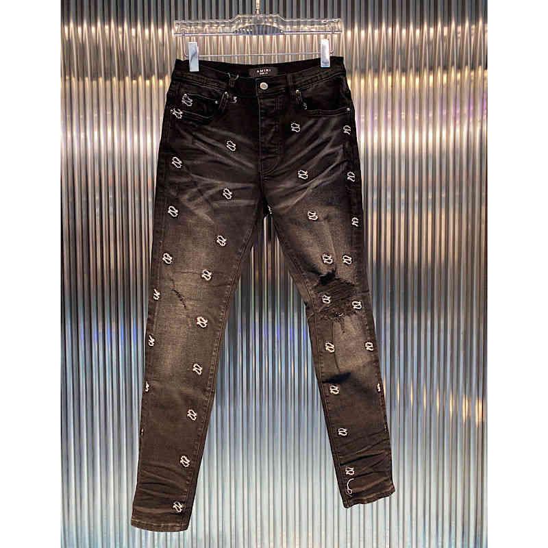 

amirs men jeans amirs 2022 new wash black small eye cashew nut flower embroidery hole slim fit small foot jeans men's fashion Hip Hop xcK