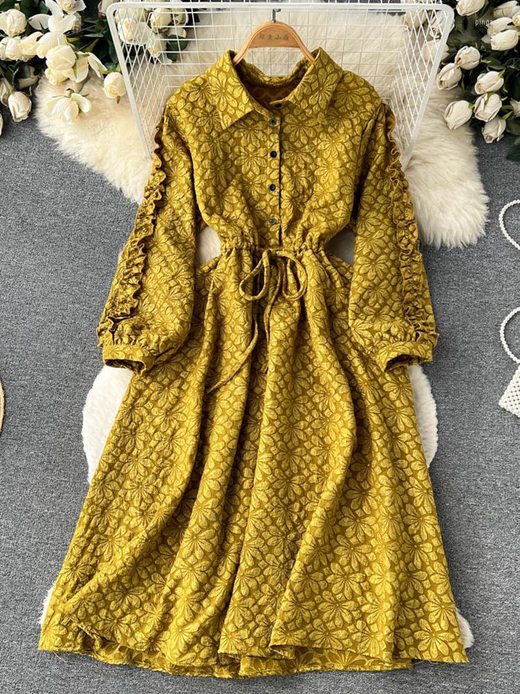 

Casual Dresses FTLZZ Autumn Winter Elegant Women Notched Collar Puff Sleeve Dress Vintage Lady Floral Print Drawstring, Black