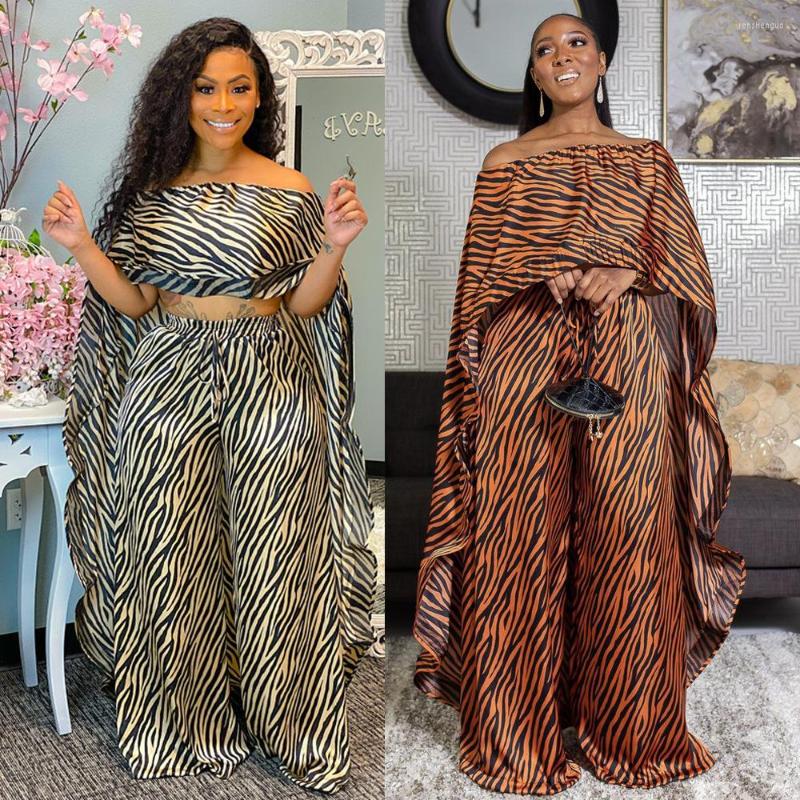 

Women' Two Piece Pants Zaggin 2022 Autumn Fashion Women Print 2-color Slash Neck Blouse Loose Set Sexy Cloak Top Wide-Leg Casual 2-Piece, Orange