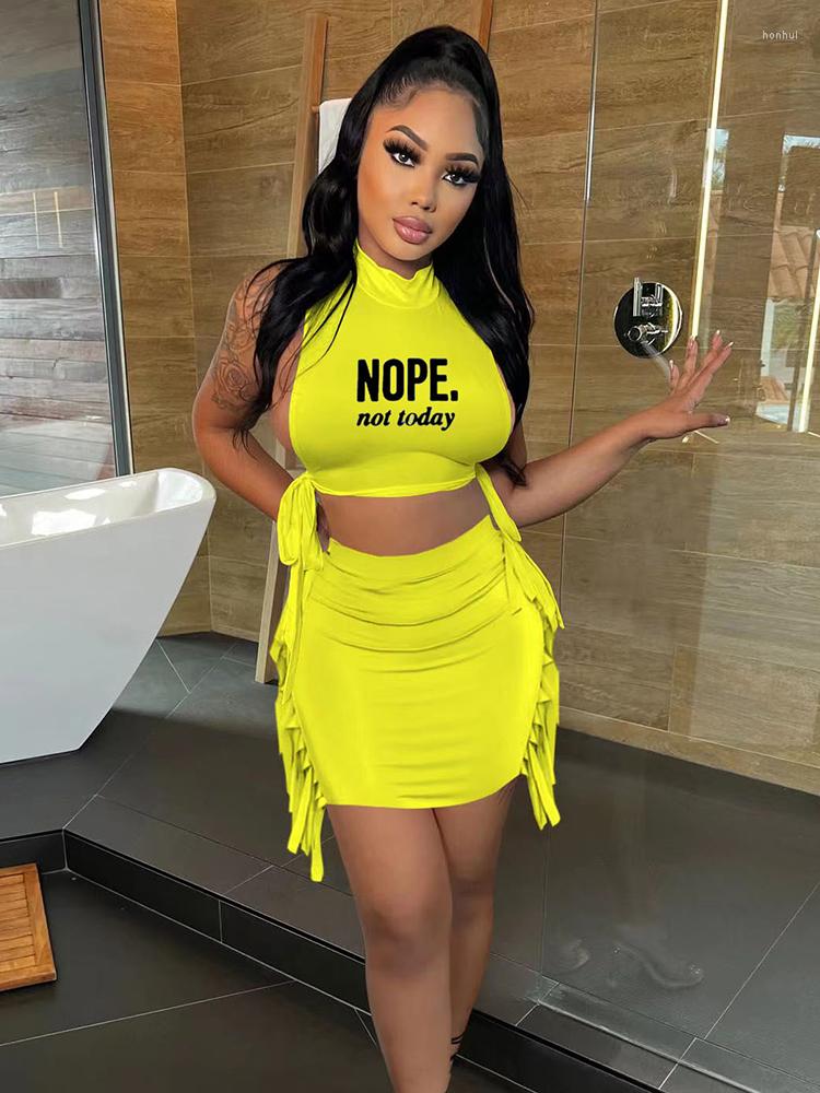 

Women' Two Piece Pants Summer Letter Print 2 Matching Sets For Women Turtleneck Sleeveless Crop Top And Side Tassels Spliced Mini Skirt, Black