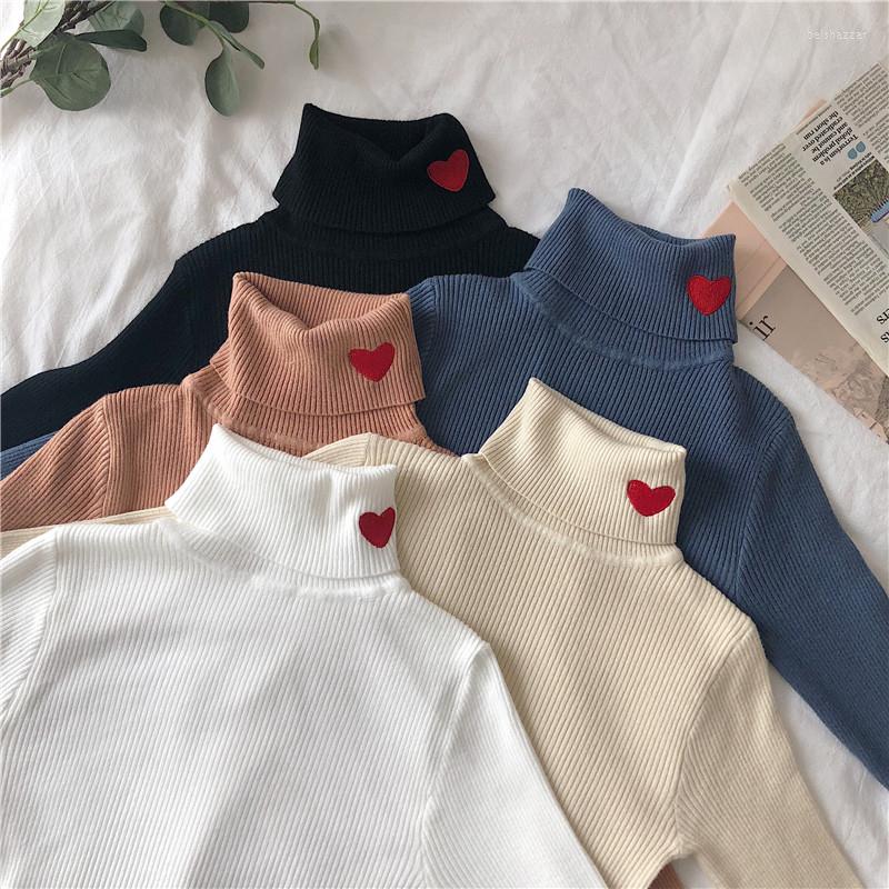 

Women's Sweaters 2022 Knitted Women Sweater Ribbed Pullovers Heart Embroidery Turtleneck Autumn Winter Basic Fit Soft Warm Tops, Black