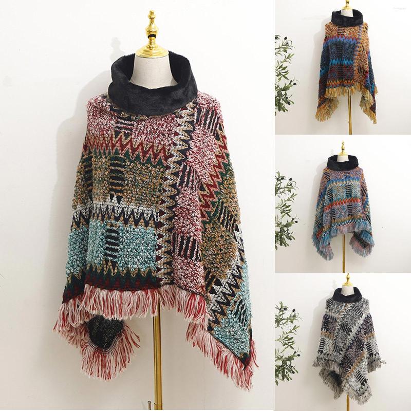 

Scarves Winter Scarf Women Print Splice Poncho With Tassels Knitted Shawl Fringed Wraps Pashminas Sweater Monkey
