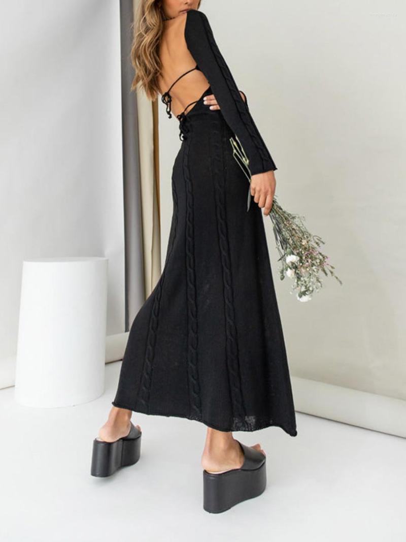 

Casual Dresses Wsevypo Backless Bandage Cable-knit Long Dress Autumn 2022 Elegant Retro Solid Color Sleeve U-neck A-Line Party, White