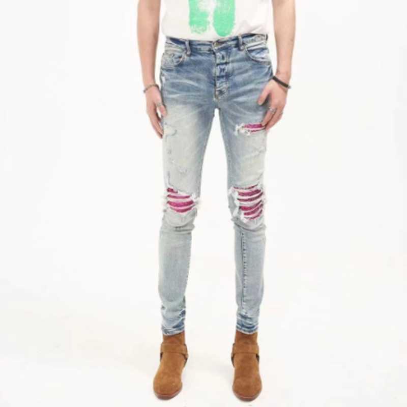 

Amirs Am 2022 Leather Patch Ripped Holes Skinny Jeans for Men Women HYO, 003