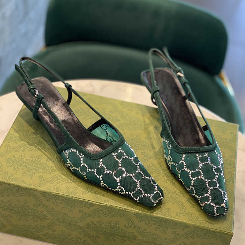 

Sandals Designers Rhinestone Women Dress Shoes fashion Sandal Sexy Gauze Decoration Calico Luxury Small Square Head Kitten Heel Back Strap Leather with box, Black stone grain cowhide