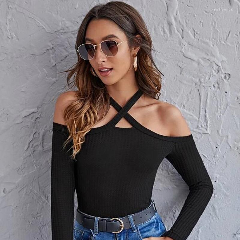 

Women' Sweaters Sexy Off The Shoulder Cross Halter Bottoming Backless Sweater Spring Women' Long Sleeve Slash Neck Black Clothes, Picture shown