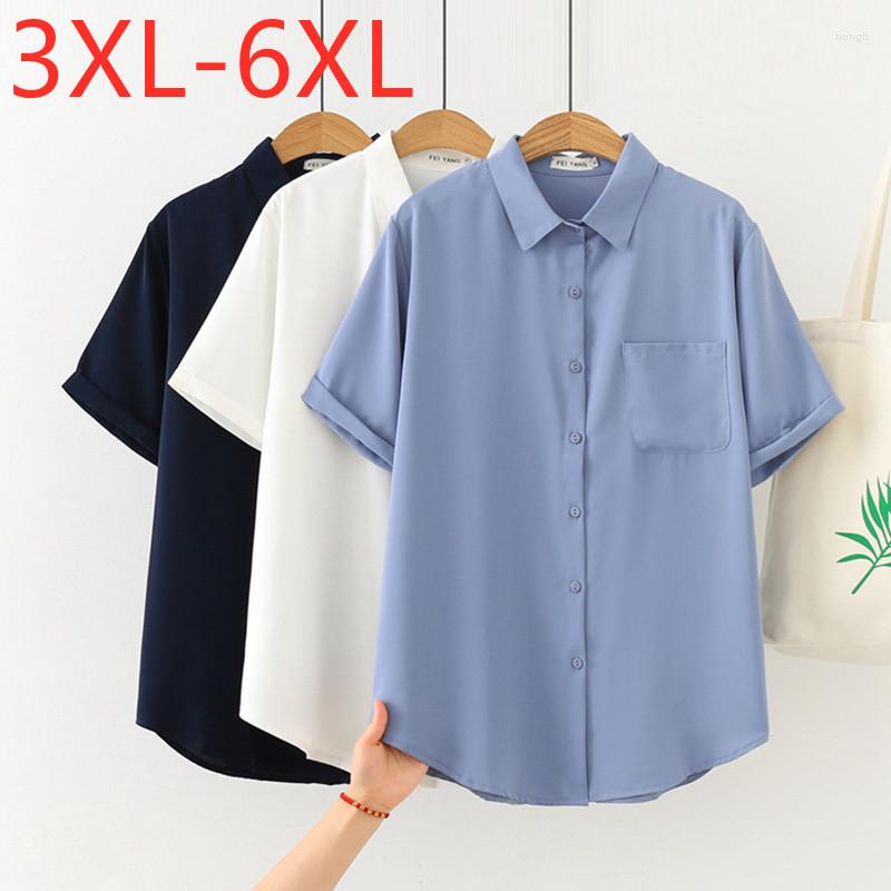 

Women's Blouses 2022 Ladies Summer Plus Size Tops For Women Large Blouse Short Sleeve Loose Casual Blue Pocket Chiffon Shirt 3XL 4XL 5XL 6XL, White