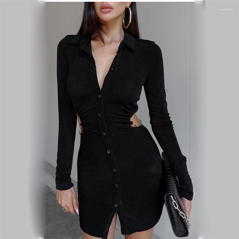 

Casual Dresses Fashion 2022 Autumn Women' Lapel Deep V Single-breasted Cardigan Bag Hip Skirt Temperament Hollow Long-sleeved Dress, Black