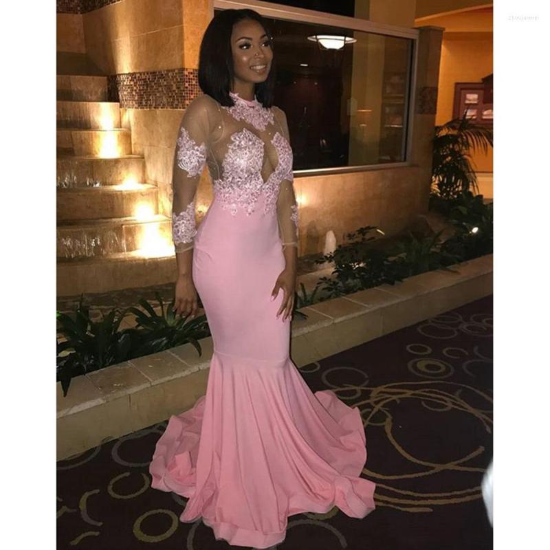 

Party Dresses Pink Mermaid Prom 2022 See Through Long Sleeves Sweep Train Evening Gowns Lace Appliques Pageant Dress CP472, Black
