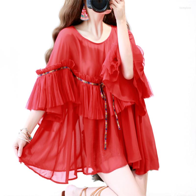 

Women's Blouses Summer Boho Original Ethnic Style Trumpet Sleeve Embroidery Pleated Loose Mid-length Chiffon Red Shirt Mesh Gown