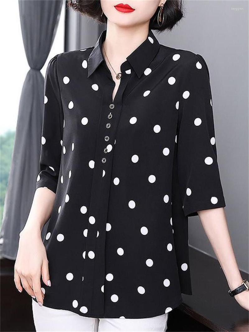 

Women's Blouses Women Spring Autumn Style Shirts Lady Casual Half Sleeve V-Neck Polka Dot Printed Blusas Tops SP1451, Black