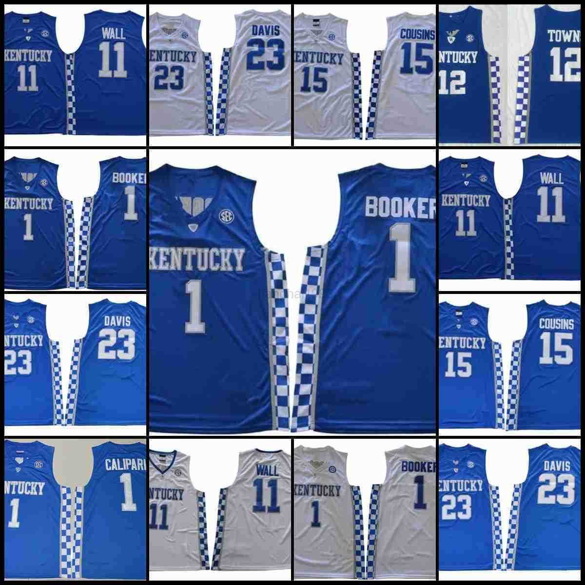 

College Basketball Wears Men NCAA Kentucky Basketball Jerseys Davis Fox Monk Ado John Wall Towns Cousins Devin Booker Blue Men Stitched Jersey, As