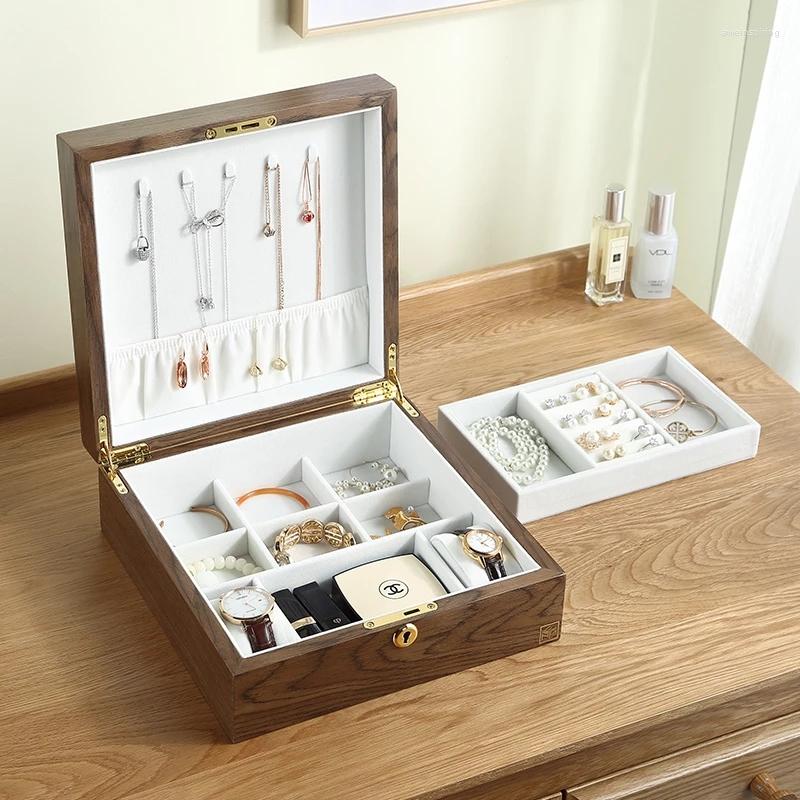 

Jewelry Pouches Luxury Wooden Display Box Organizer Women Large Ring Necklace Earrings Jewellery Storage Case Gift Casket With Lock