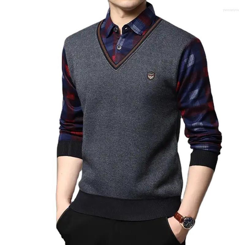 

Men's Sweaters Fashion Winter Men's Sweater Thickened Fleece Knitted Men Clothing Fake Two Piece Shirt Warm Knitwear, Khaki