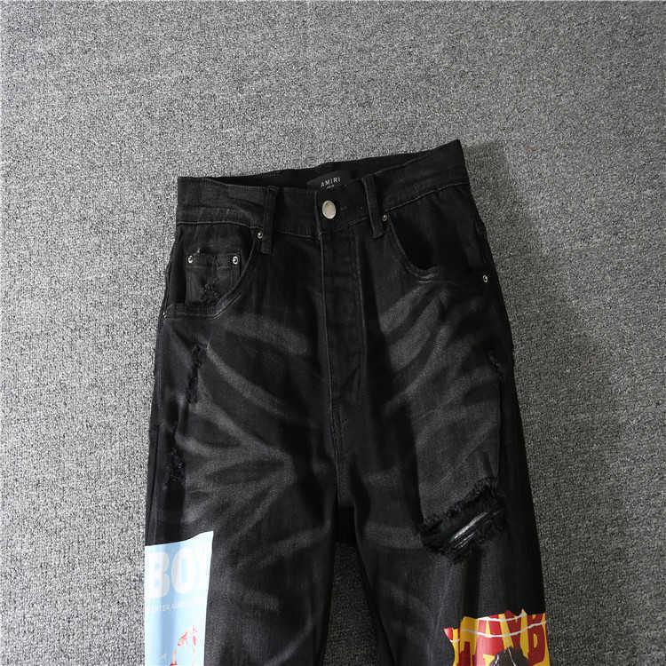 

Amirs hole patch beggar Black Slim Fit small foot elastic jeans men UUv