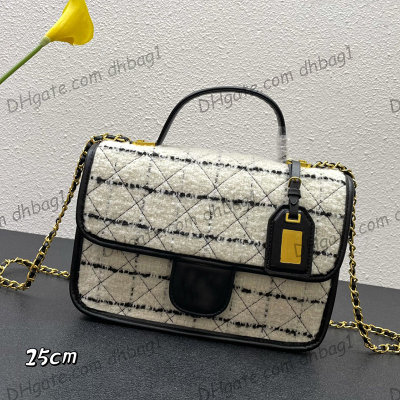 

22K Womens Wool Woolen Tweed Messenger Medium Bags Classic Flap Quilted Black White Red Tofu Purse With Top Handle Totes Gold Badge GHW Crossbody Handbags 25X7X18CM, Box
