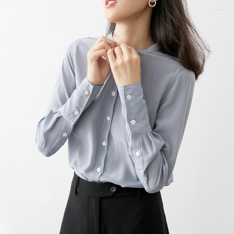 

Women' Blouses Silk Light Blue Long-sleeved Vertical Stripes Women Shirt, Sky blue
