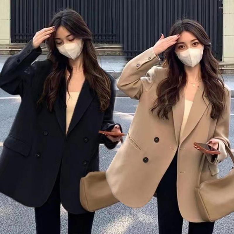 

Women's Suits Women Blazer Lapel Long Sleeve Pocket Jacket Autumn Solid Color Double Breasted Suit Coats Outerwear Jackets For Chaquetas, Black