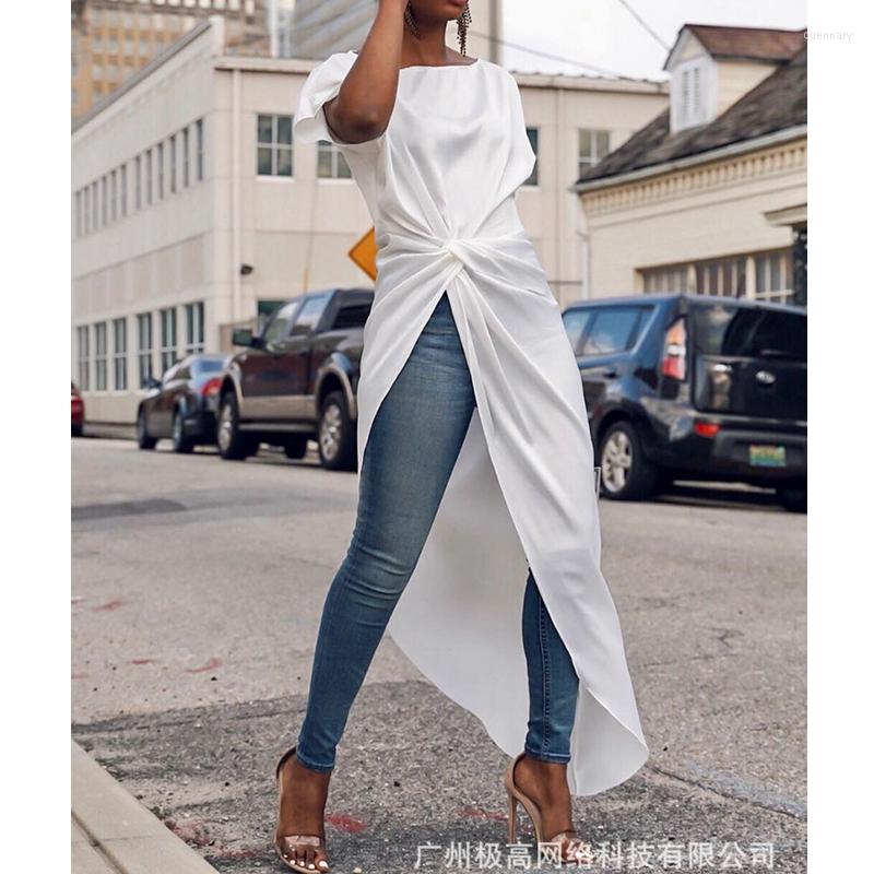 

Women' T Shirts Women' X-Long T-shirt Top Summer Fashion Short Sleeve Round Neck Casual Solid Color Loose Split Irregular, White
