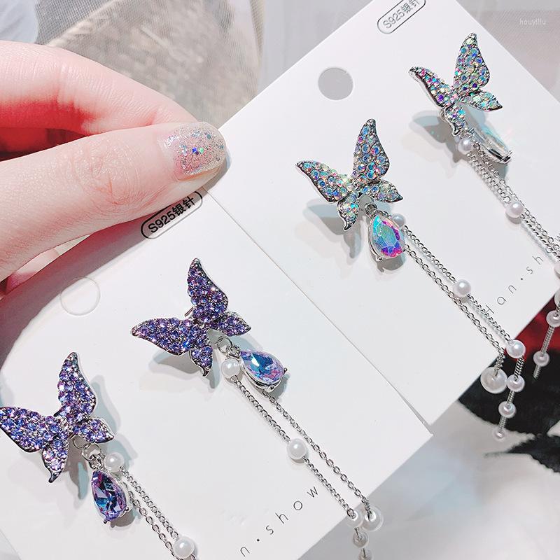 

Stud Earrings 2022 Fashion Trend Creative Purple Butterfly Full Zircon Pearl Long Tassel Wild Jewelry Wholesale