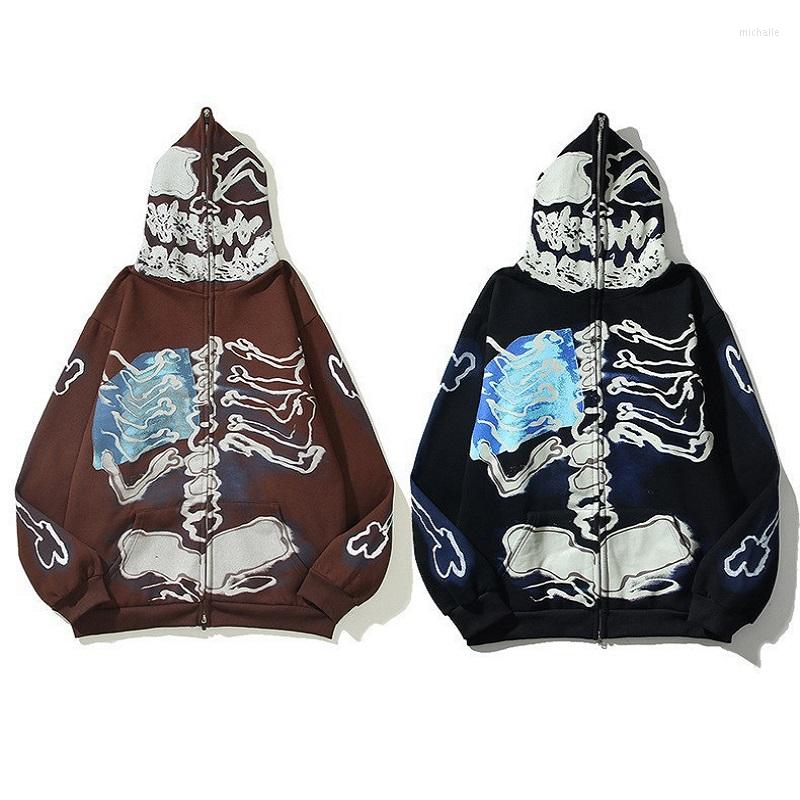 

Men's Hoodies Ins Fashion Skull Print Zip Up Fleece For Men Women Retro Oversized Streetwear Harajuku Casual Sweatshirts Sudaderas, Coffee