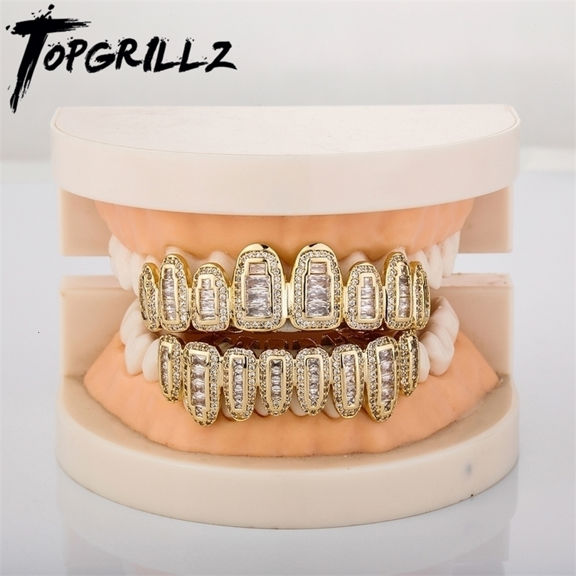 

Pendant Necklaces TOP Iced Out Bling Baguette Round Clustered CZ Teeth 8 Top 8 Bottom Tooth Set Grills Mouth Jewelry 221109