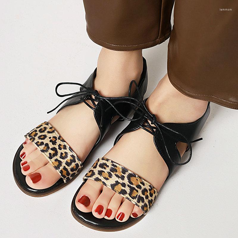 

Sandals Women 2022 Summer Outdoor Beach Fashion Open Toe Lace-up Leopard Gladiator Flats Casual Ladies, Black