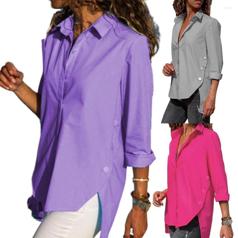 

Women' Blouses Women Casual Turn Down Collar High-low Hem Side Buttons Decor Shirt Suitable For Travel Daily Loose Style, Green