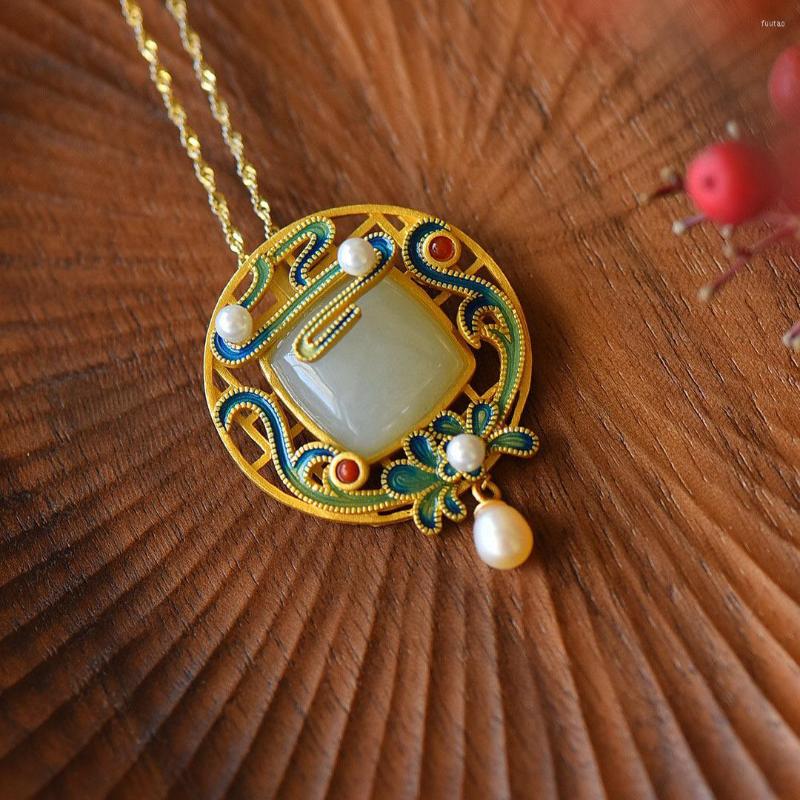 

Pendant Necklaces Ancient Copper And Gold Imitation Ian Jade Women's Personality Art Enamel Painted Chinese Style Ethnic Retro