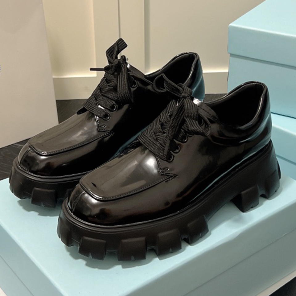 

Womens Designer dress Shoe Black Leather Platform Casual lace-up Shoes Classic Patent Matte