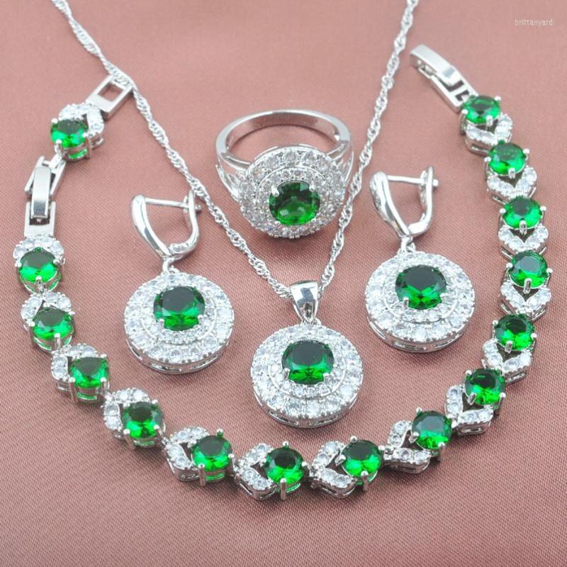 

Necklace Earrings Set Round Green Zirconia Women's Crystal Bracelet Silver 925 Pendant Ring 2022 YZ0273, Picture shown