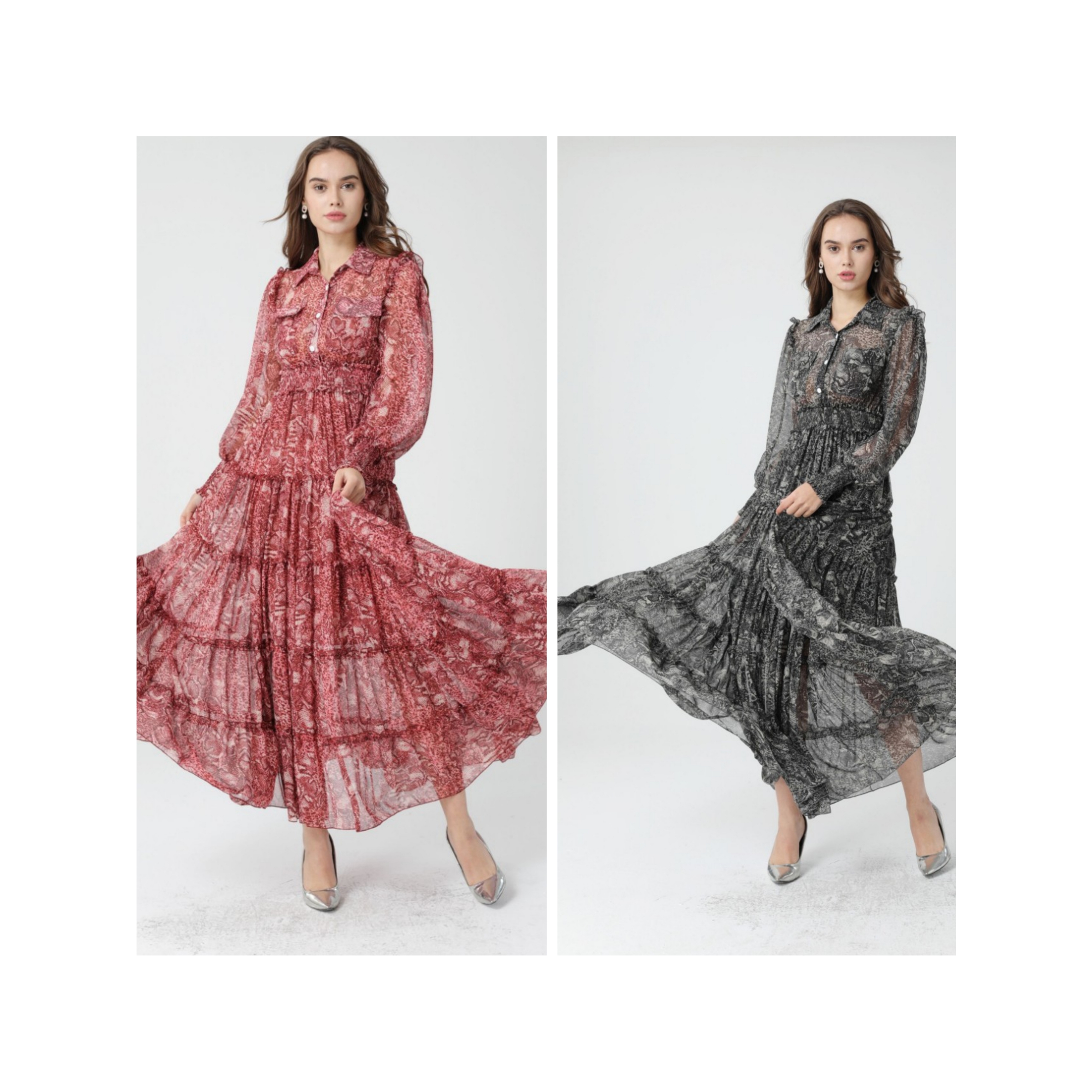 

High-quality lapel collar long-sleeve ruffled stitching pleated dress elastic high-waist, Black