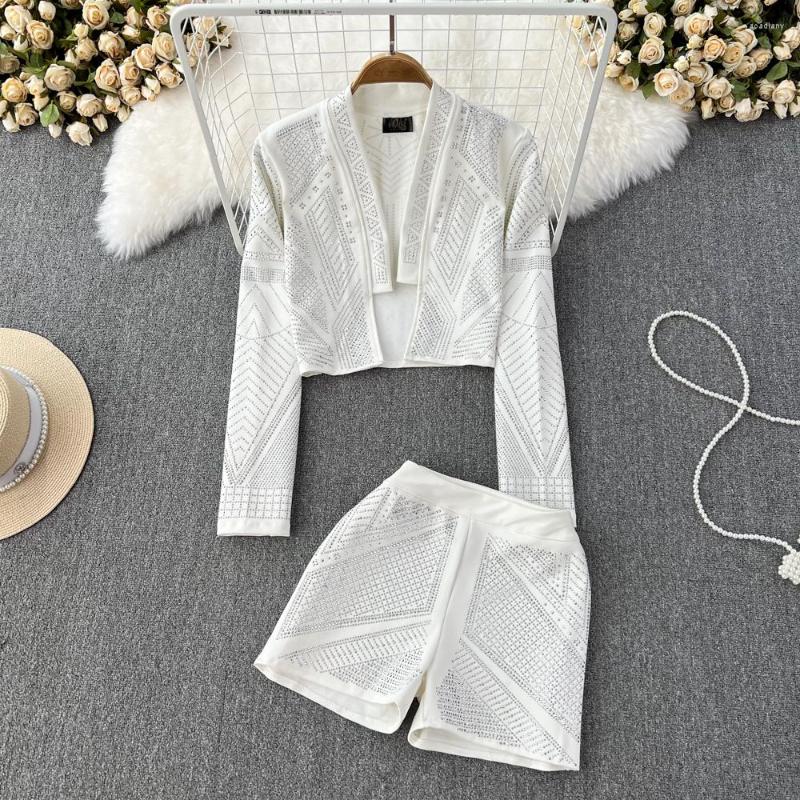 

Women's Tracksuits Chic White Diamond Two Piece Sets Womens Outifits Fashion Women Set Autumn Full Tops High Elastic Waist Shorts Drop