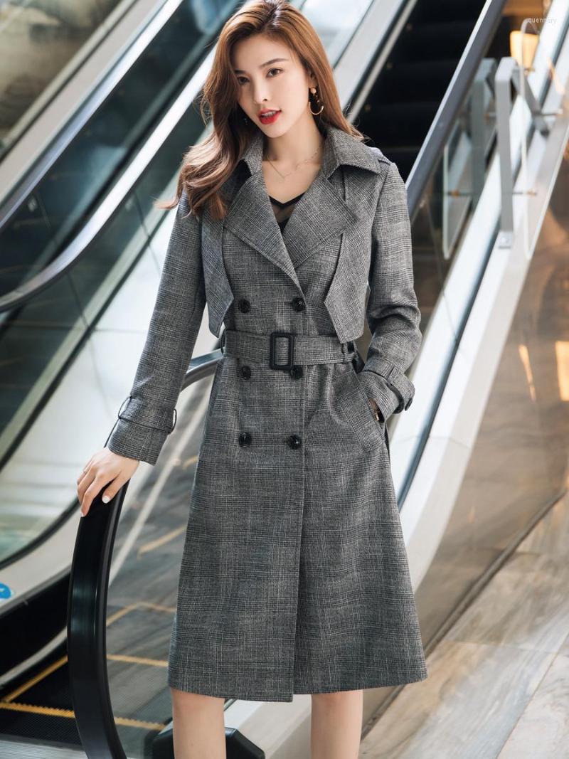 

Women' Trench Coats Knee-length Windbreaker Women' Plus Size 2022 Spring And Autumn Business Fashion Plaid Office Lady Coat, Gray