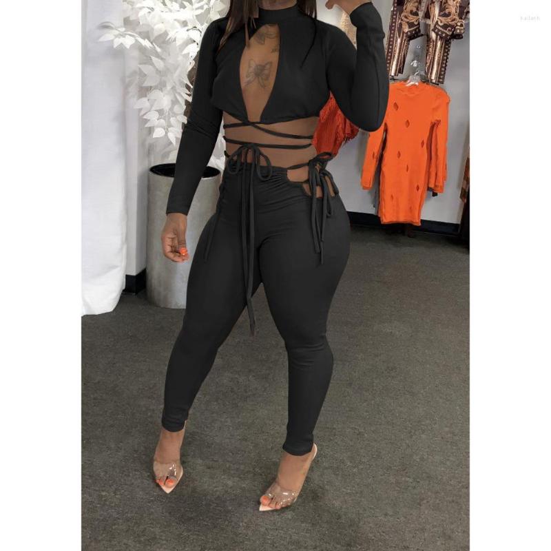 

Women' Two Piece Pants Tracksuit For Women Sexy Long Sleeve Lace Up Hollow Out Crop Top And Jogging Sets Sweatshirt Party Club Outfits, Black