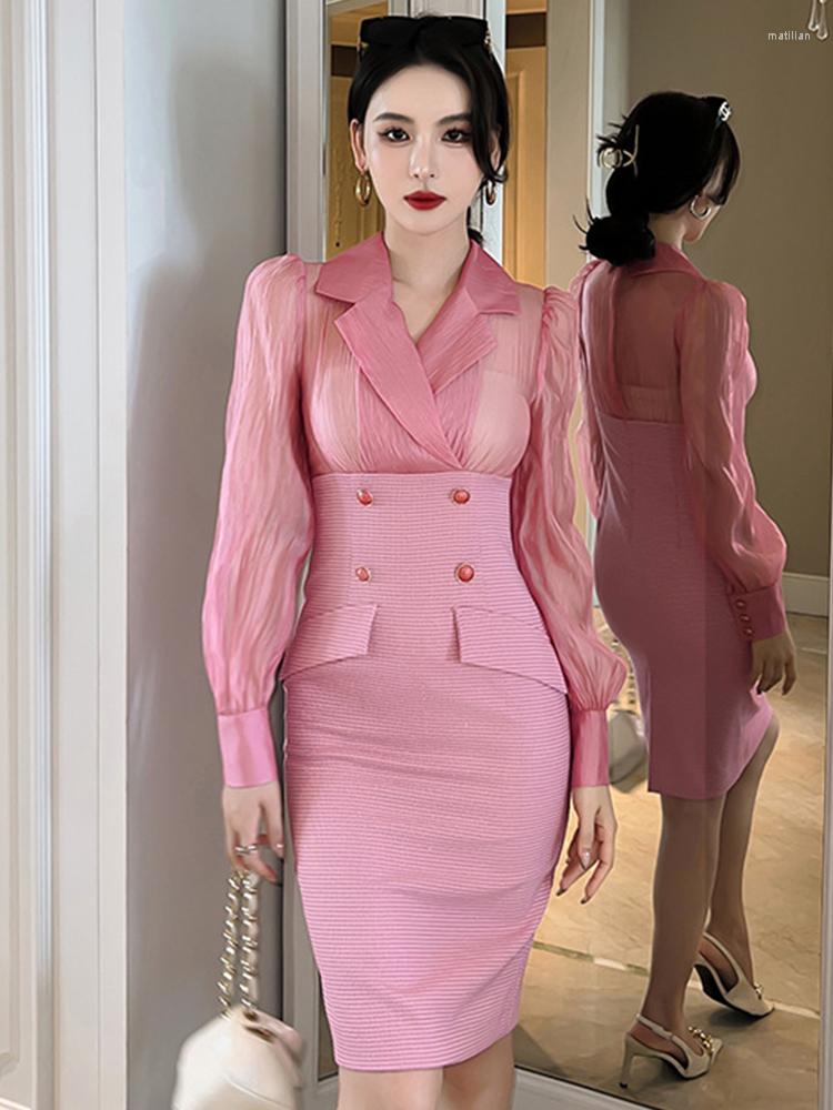 

Casual Dresses Professional OL Commuter Elegant Women Midi Dress 2022 Pink Tweed Patchwork Slim Puff Sleeve Slit Robe Lady Office Party